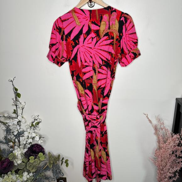 J. CREW Faux Wrap Midi Dress Palm Print Red Pink Sz 4 {TT11} - Picture 5 of 8